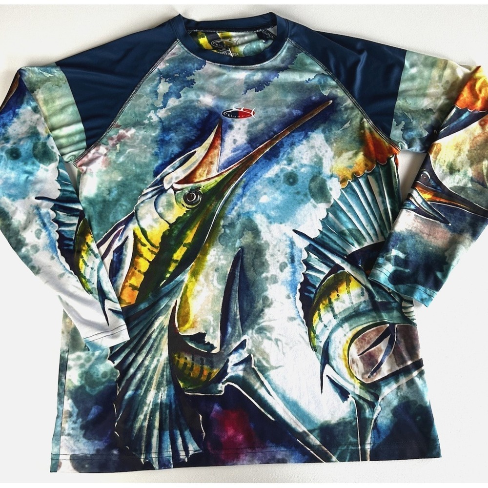 Mens Bluefin Performance Marlin Print‎ Long sleeve Pullover size M